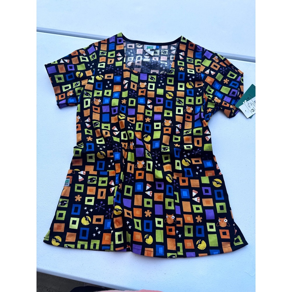 WS Gear White Swan Scrub Top M Owl Geometric Novelty Print Black Multi 5746-3499